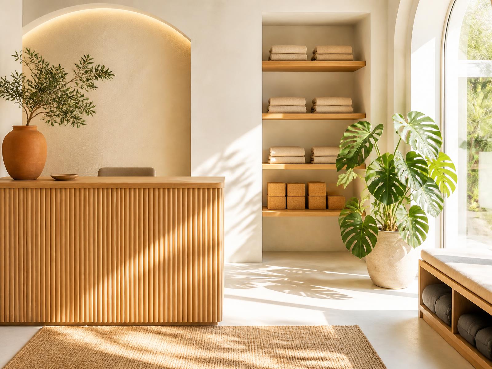 Sunlit studio lobby with a light oak reception desk, folded towels on open shelves, cork blocks and a large green plant