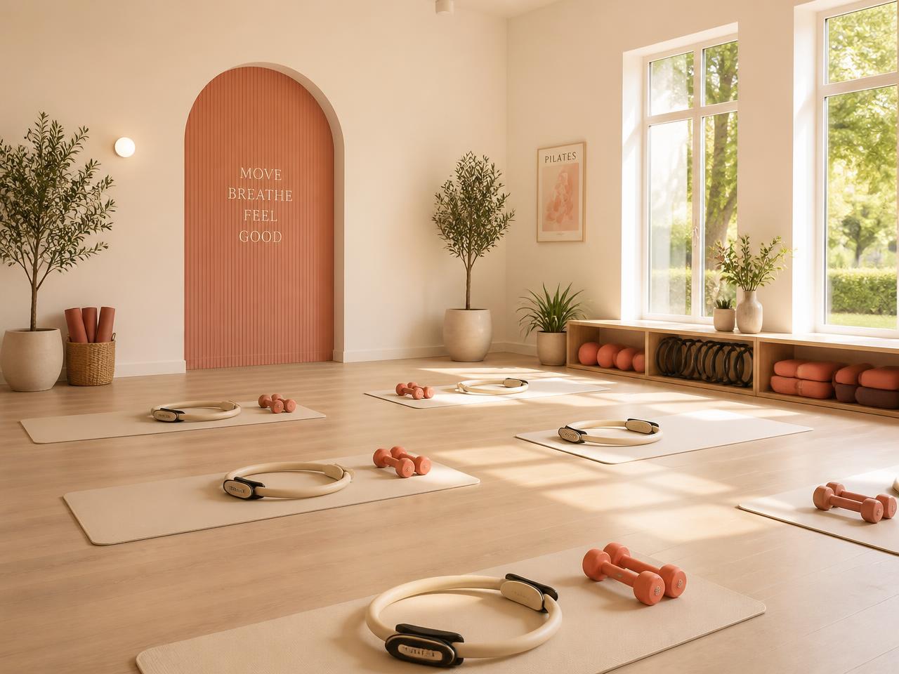 Sunlit pilates studio with mats, pilates rings and light hand weights laid out on a pale wood floor