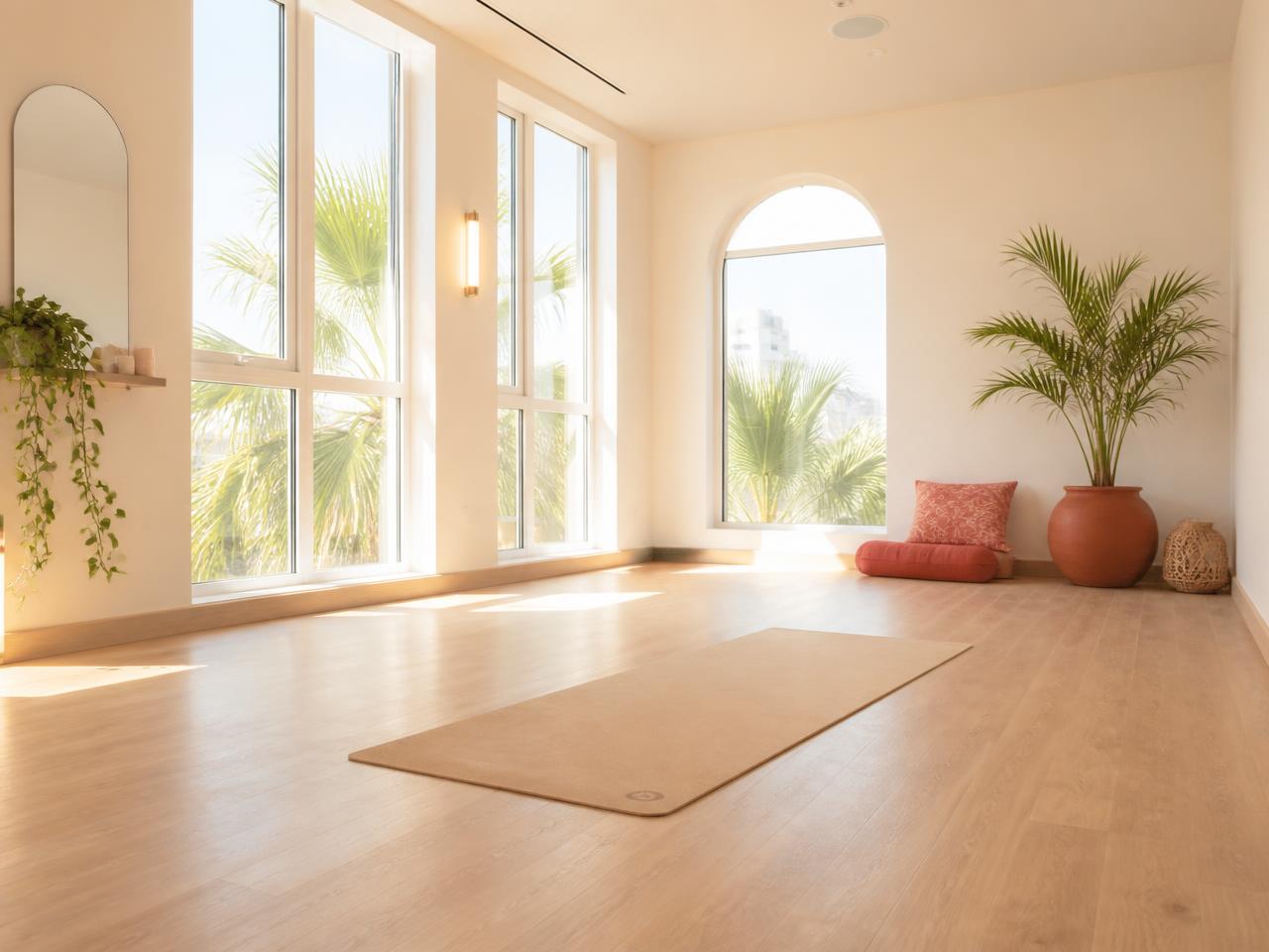 Bright empty heated studio room with a cork mat on light oak flooring and sunlight through tall windows