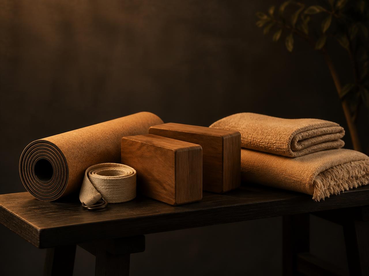 Cork blocks, straps and rolled towels neatly stacked on a warm wooden shelf in a bright studio