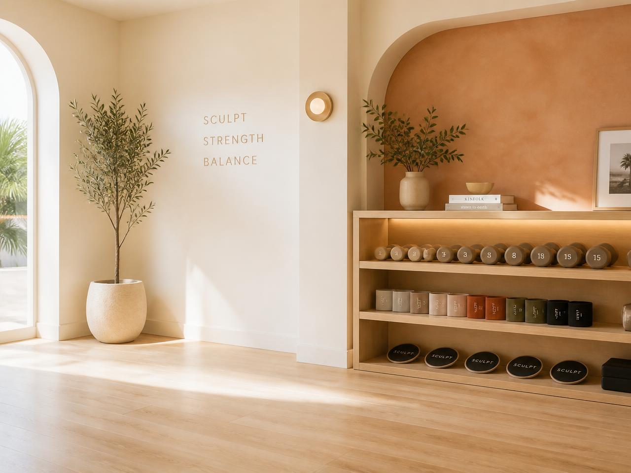 Bright sculpt studio with light dumbbells, resistance bands and sliders arranged on an oak shelf