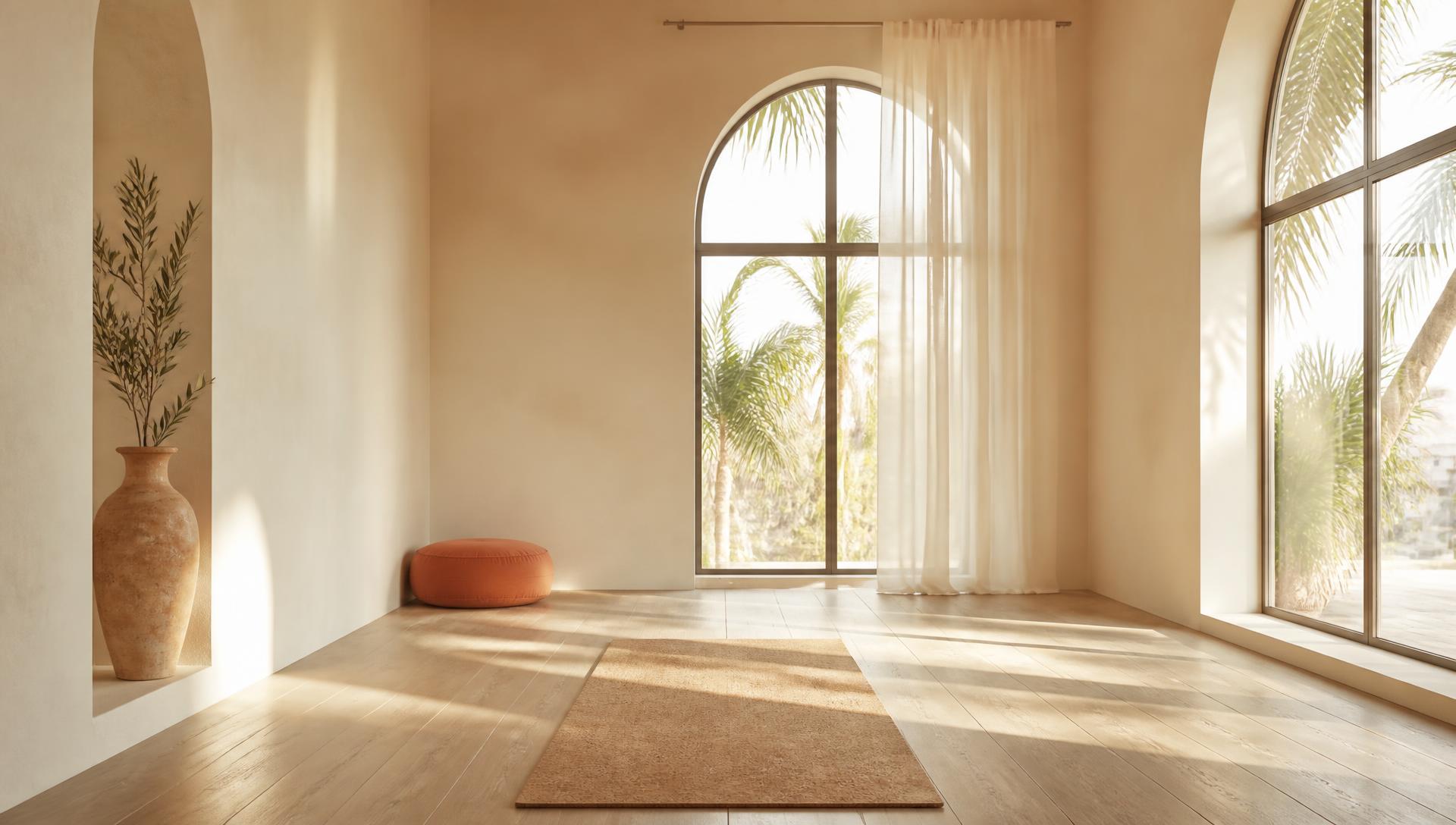Sunlit empty yoga studio with warm ivory walls, pale oak floors, a cork mat and palm trees beyond arched windows